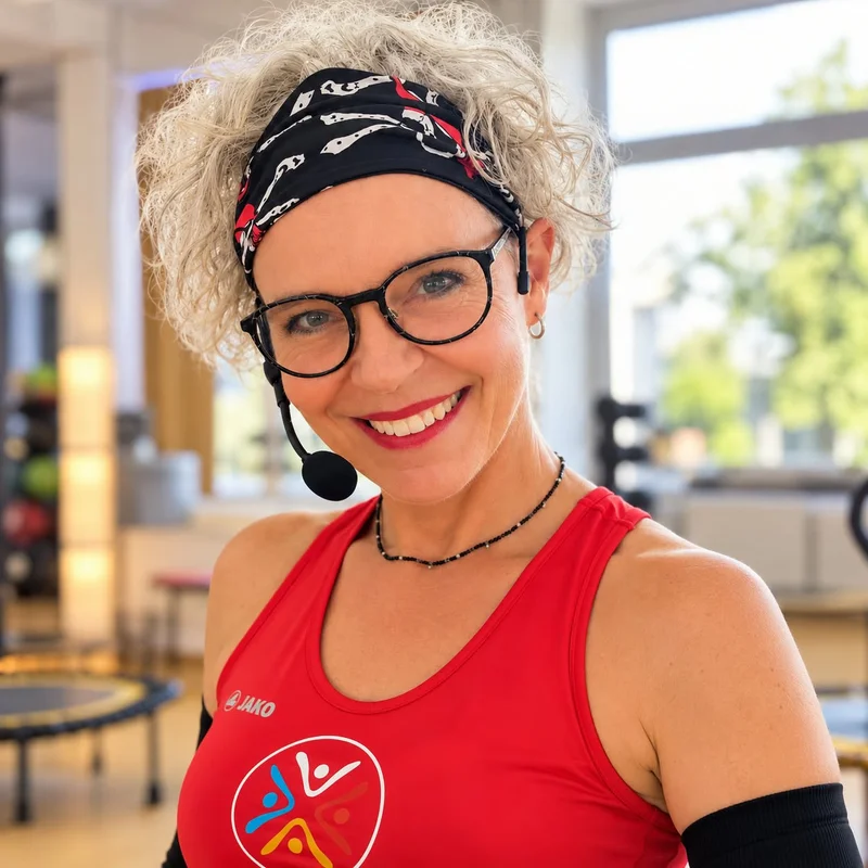 Diana Metz alias Captain Diana mit Piratentuch und Headset im Kursraum von Metz-Vital