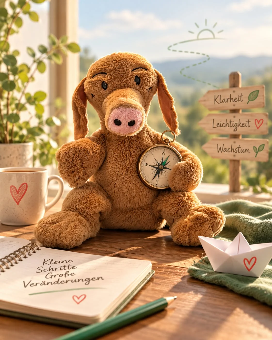 Plüsch-Schweinehund Schweinehorst mit Kompass, Wegweisern „Klarheit, Leichtigkeit, Wachstum“ und Notizbuch „Kleine Schritte, Große Veränderungen“